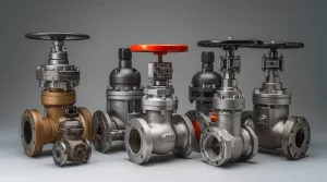 Assorted industrial process valves with handwheels and flanged ends, arranged on a gray background for valve selection reference.