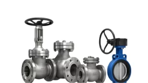 Assorted industrial steam valves on a white background, including flanged globe valves and a blue handwheel-operated butterfly valve.