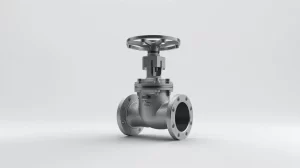 3D rendering of an industrial flanged globe valve with a handwheel, shown in gray cast metal on a clean light-gray background.