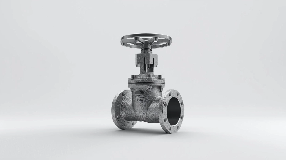 3D rendering of an industrial flanged globe valve with a handwheel, shown in gray cast metal on a clean light-gray background.