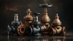 Assorted bronze and cast-iron marine globe valves with flanged ends and handwheels on a dark background.