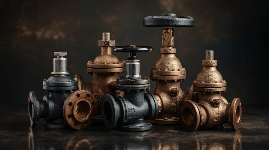 Assorted bronze and cast-iron marine globe valves with flanged ends and handwheels on a dark background.