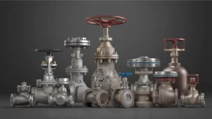 Assorted industrial valves with handwheels and flanged ends arranged in a lineup on a dark gray background, showing heavy-duty valve components.