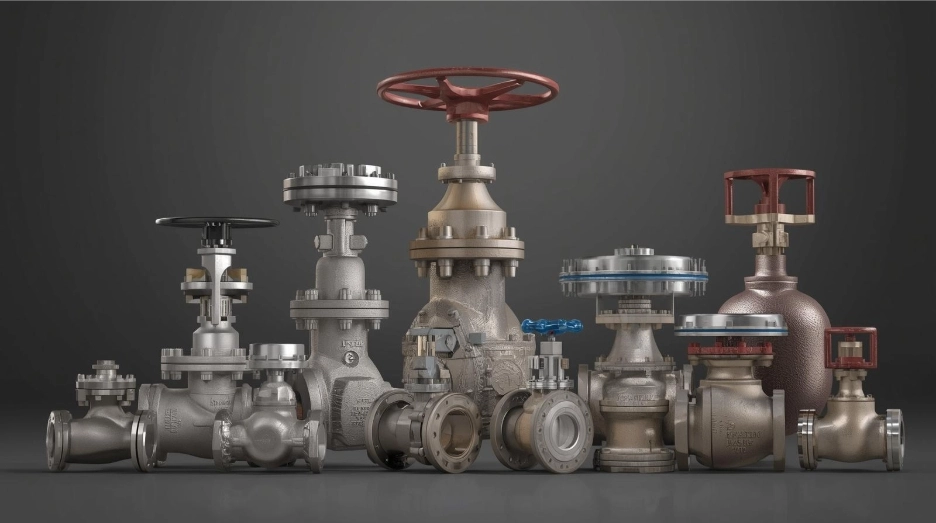 Assorted industrial valves with handwheels and flanged ends arranged in a lineup on a dark gray background, showing heavy-duty valve components.