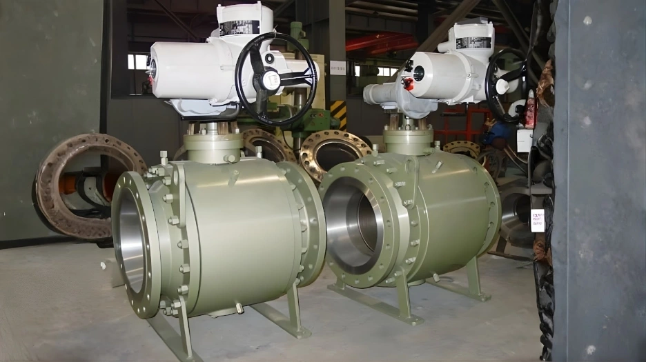Two large flanged motorized ball valves from Gowin with electric actuators and manual override handwheels in an industrial workshop.